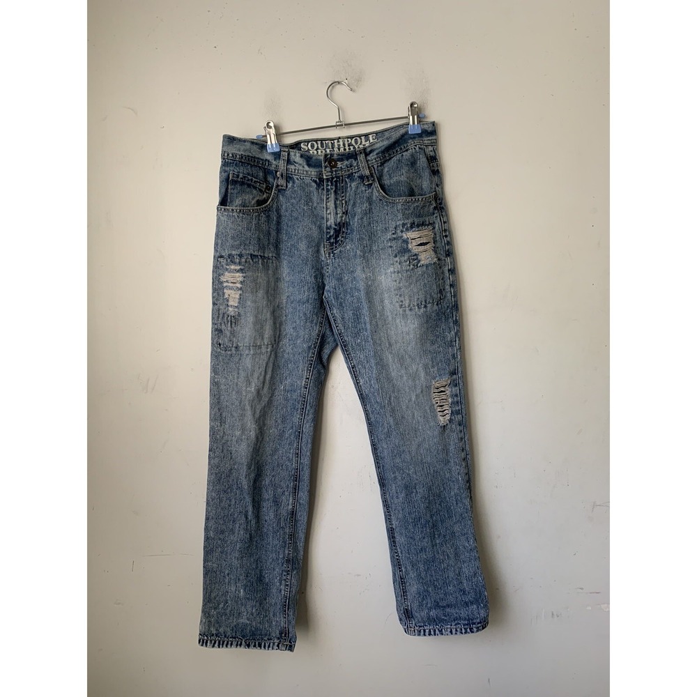 Southpole Mens Jeans 32x29 Blue Y2K Distressed Denim Straight Leg Acid Wash